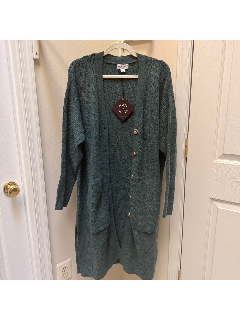 Ava & Viv Women's Long Knit Cardigan Sweater Size XL Teal Button Front Pockets
